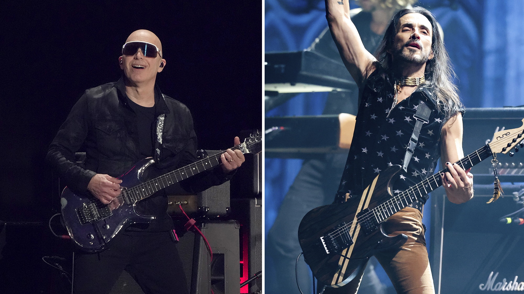 Joe Satriani performs onstage at the 2025 iHeartRadio Music Festival at T-Mobile Arena on September 19, 2025 in Las Vegas, Nevada / Nuno Bettencourt performs onstage at the MTV Video Music Awards 2025 held at UBS Arena on September 07, 2025 in New York, New York
