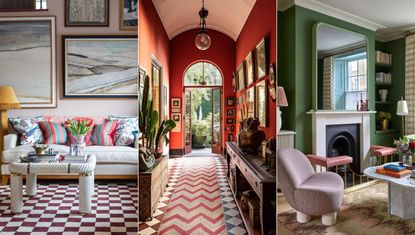 Carpet Trends. Three panel image that shows a colorful living room, red hallway and green living room.