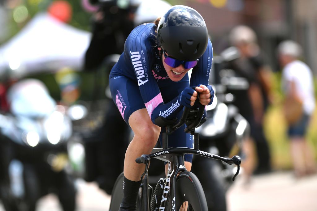 GAVERE BELGIUM JUNE 23 Julie Van De Velde of Belgium sprints during the 123rd Belgian Road Championship 2022 Womens Individual Time Trial a 23km individual time trial one day race from Gavere to Gavere ITT BelgianCycling140 on June 23 2022 in Gavere Belgium Photo by Luc ClaessenGetty Images