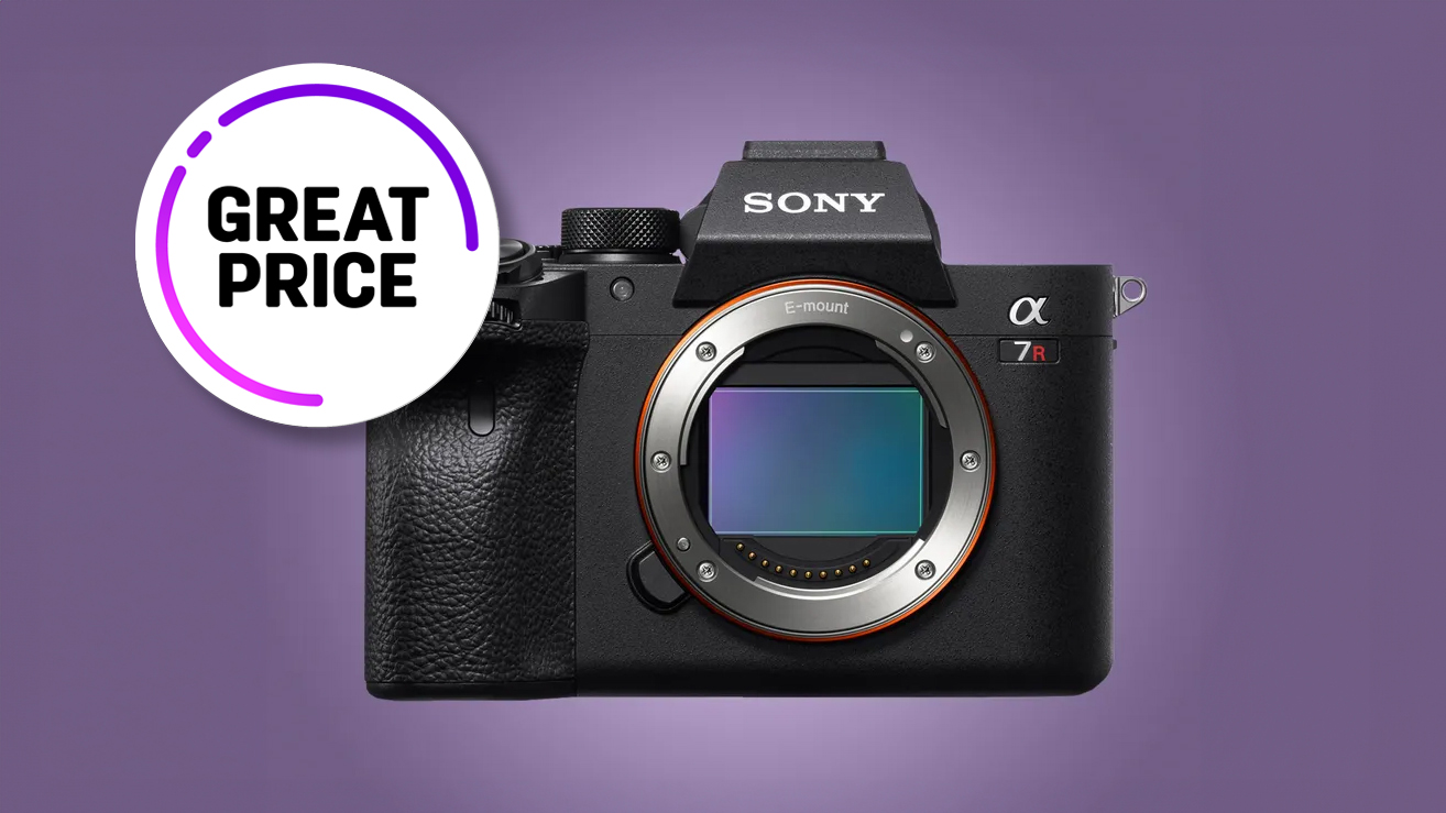 Sony A7R IVA camera against a purple background, labeled with a "Great Price" badge