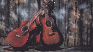 Two acoustic guitars on dark background