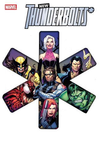 Portraits of the New Thunderbolts arranged in an asterisk pattern