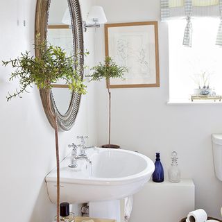 bathroom with white wall and mirror on wall with plant