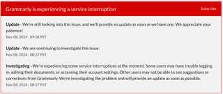 Grammarly's outage acknowledgement