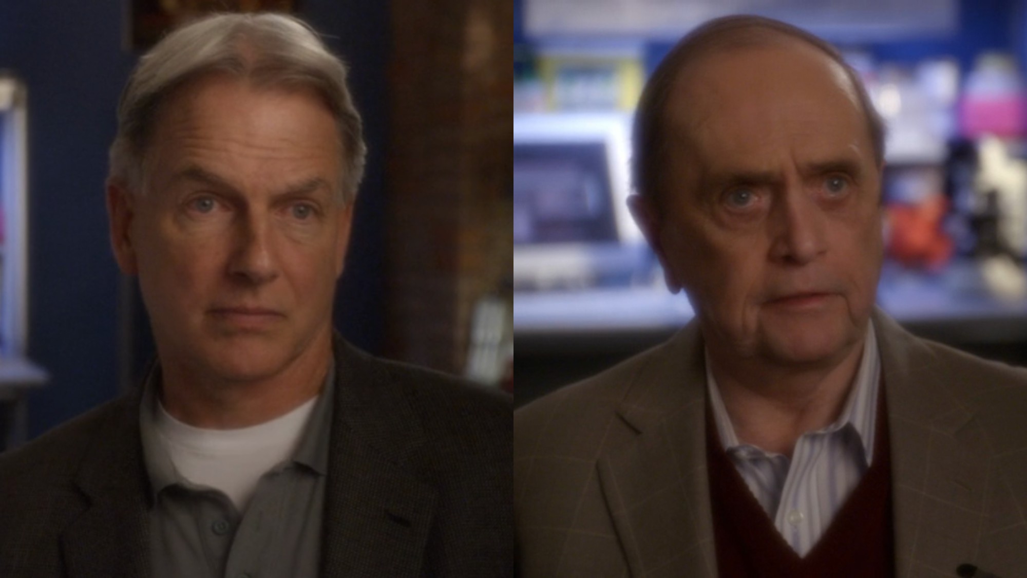From L to R: Mark Harmon as Leroy Jethro Gibbs and Bob Newhart as Dr. Walter Magnus on NCIS.