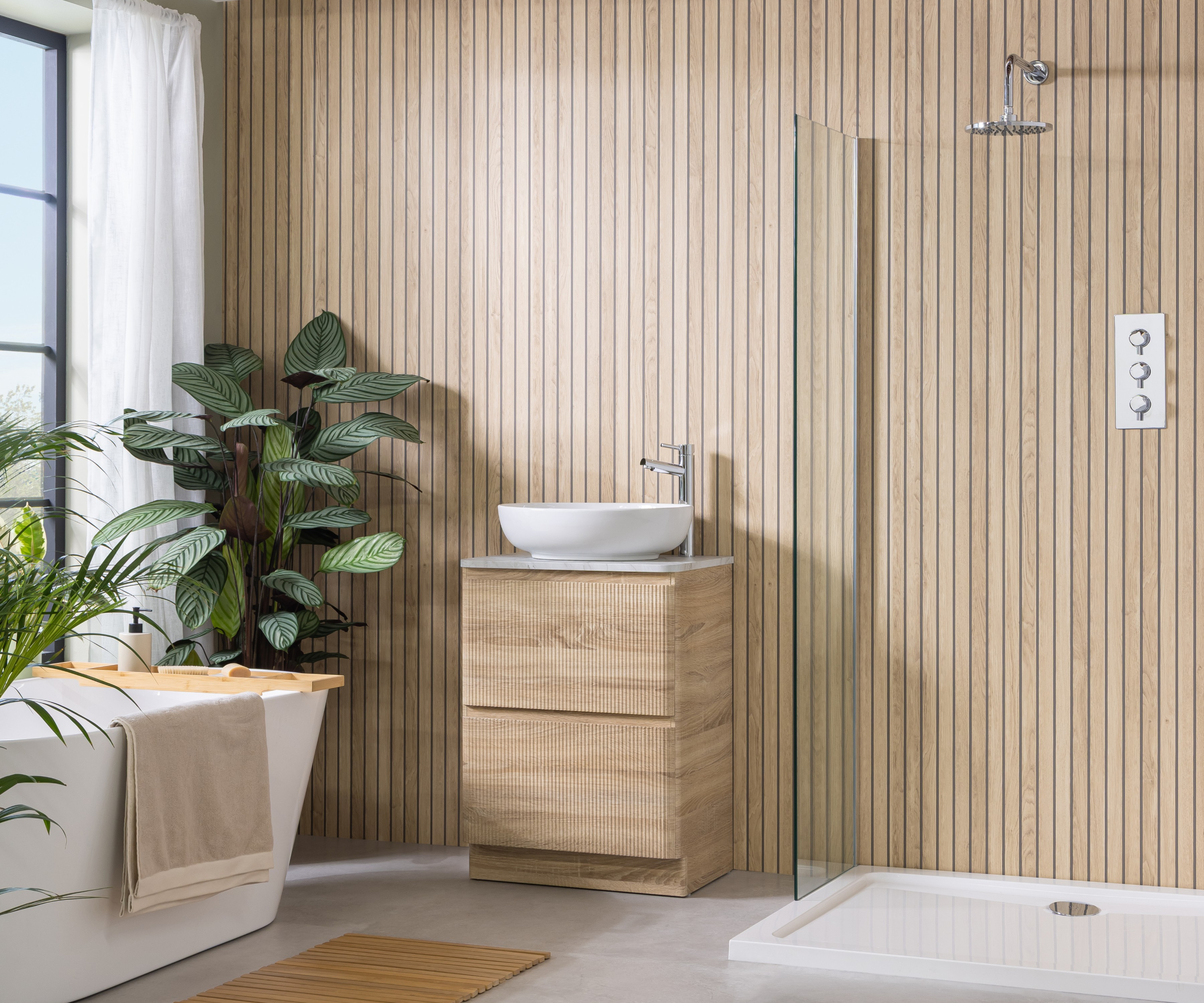 Wall covered with light wood narrow slatted wall panels