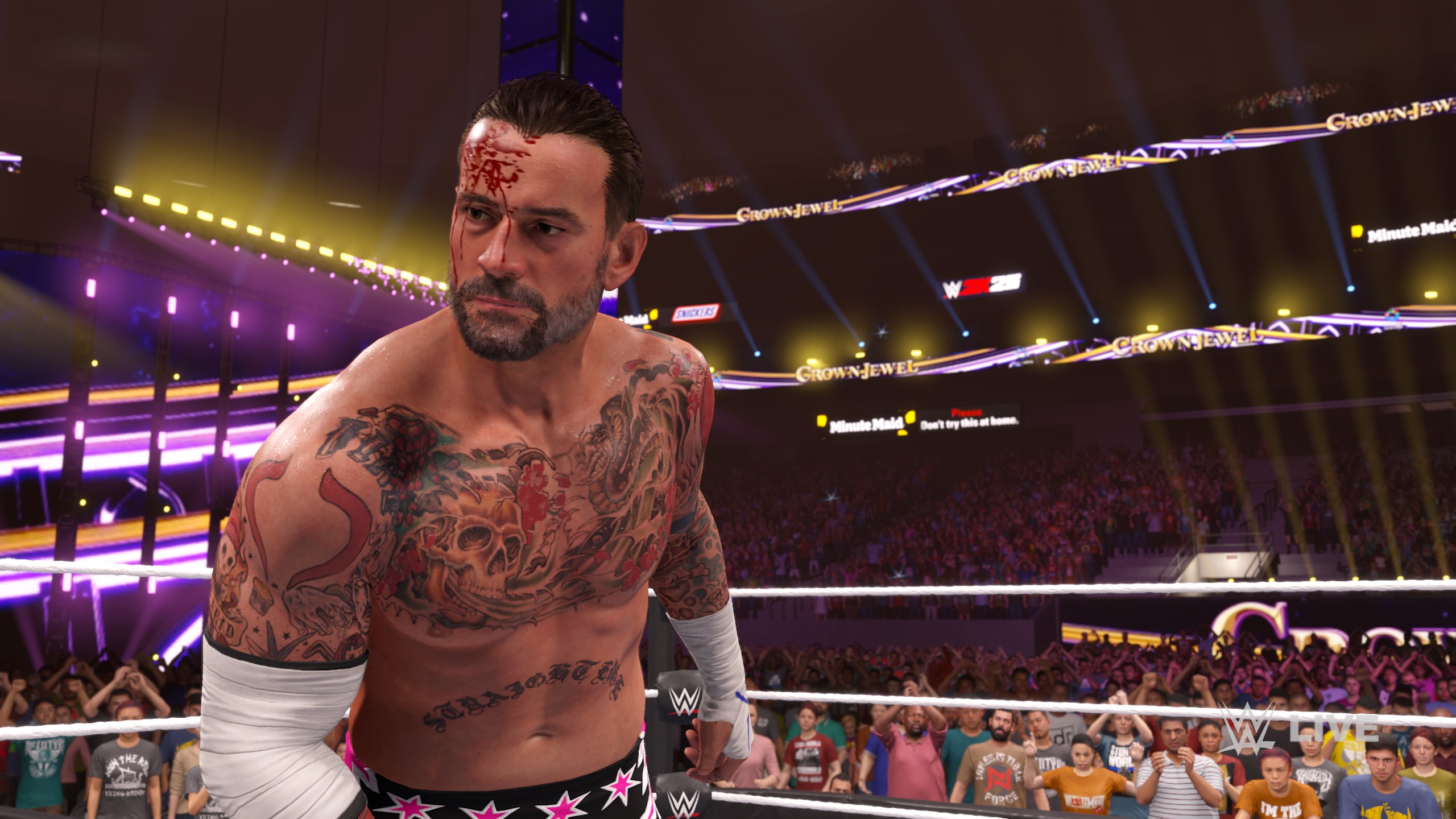CM Punk in the ring at Crown Jewel, Riyadh, in WWE 2K25. 
