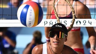  Brandie Wilkerson eyes the ball ahead of the Beach Volleyball semi-finals at the 2024 Paris Olympic Games.