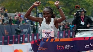 Kenya&#039;s Hellen Obiri celebrates winning the 52nd Edition of the New York City Marathon on November 5, 2023.