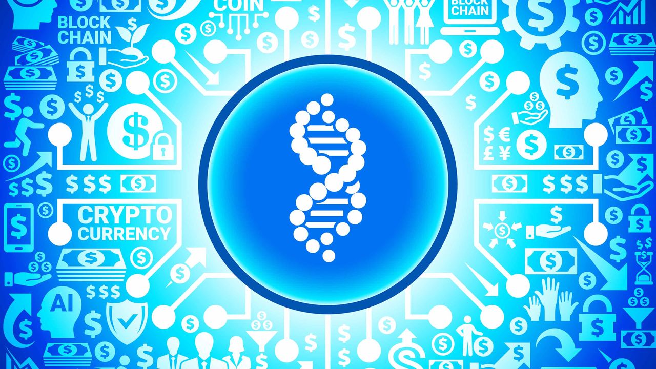 An image of DNA surrounded by dollar signs