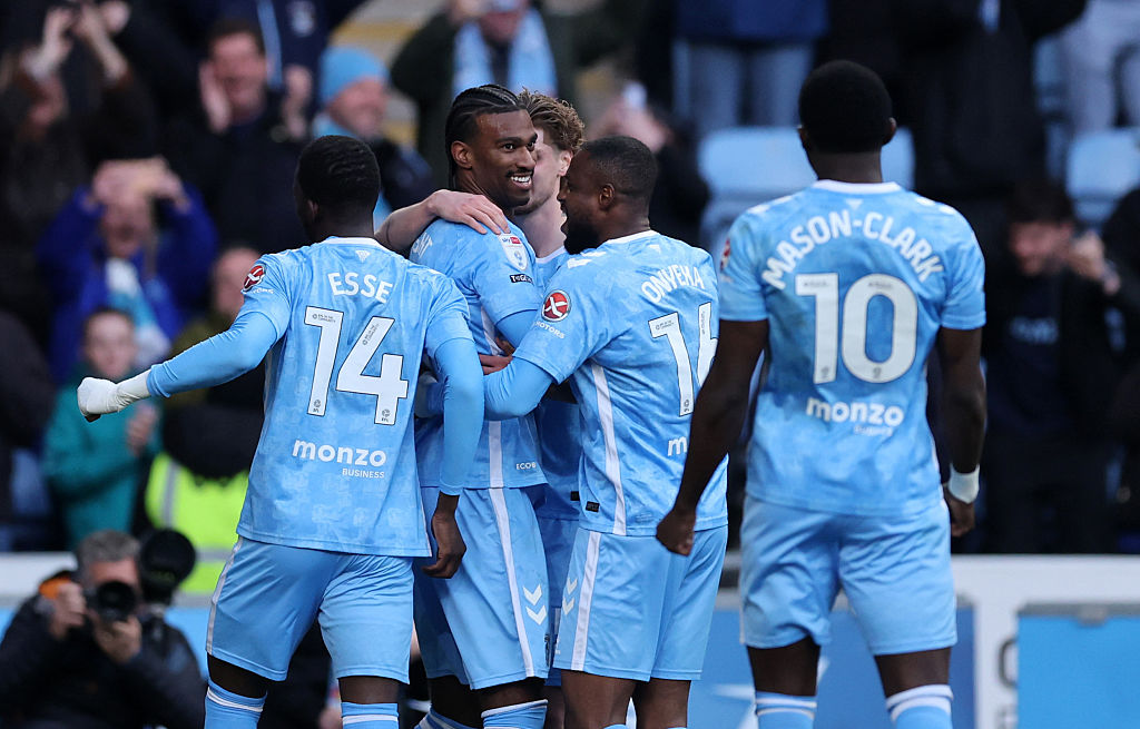 COVENTRY, ENGLAND - APRIL 21: Haji Wright of Coventry City celebrates after scoring a goal to make it 1-0 during the Sky Bet Championship match between Coventry City and Portsmouth at The Coventry Building Society Arena on April 21, 2026 in Coventry, England. (Photo by Catherine Ivill - AMA/Getty Images)