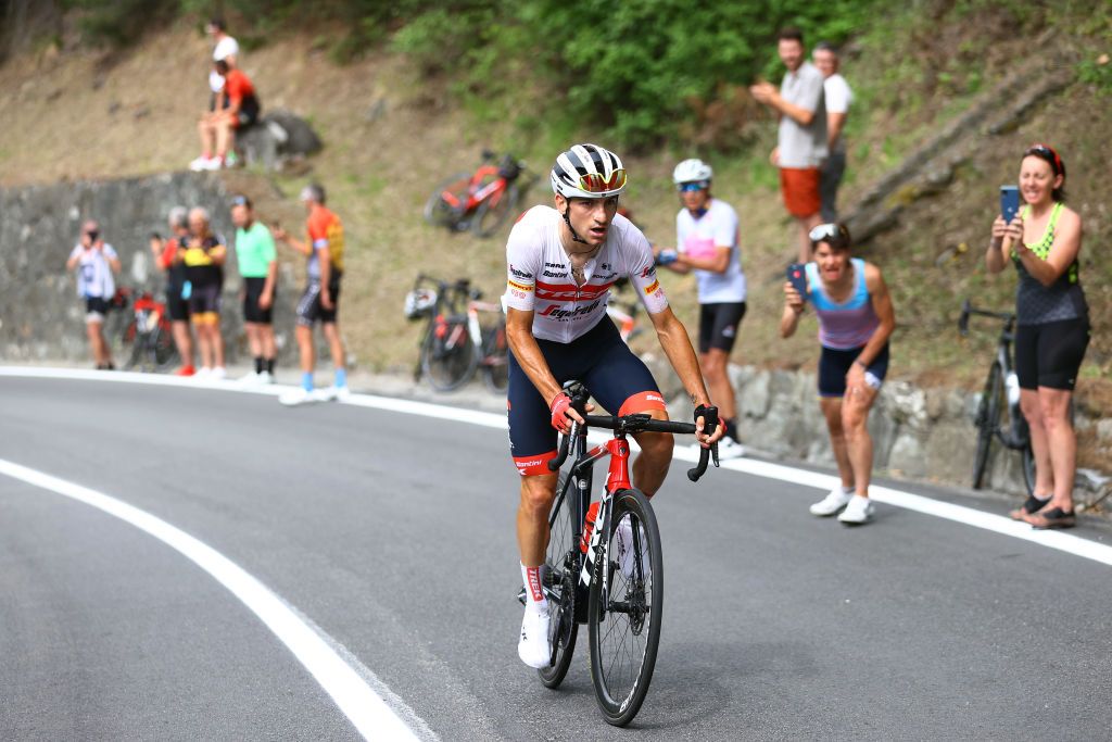 COGNE ITALY MAY 22 Giulio Ciccone of Italy and Team Trek Segafredo competes in the breakaway to win the 105th Giro dItalia 2022 Stage 15 a 177km stage from Rivarolo Canavese to Cogne 1622m Giro WorldTour on May 22 2022 in Cogne Italy Photo by Michael SteeleGetty Images