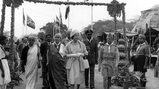 26th January 1961: Queen Elizabeth II and Prince Philip Duke OF Edinburgh with officials from local girl guide and scout groups in India's capital Delhi.