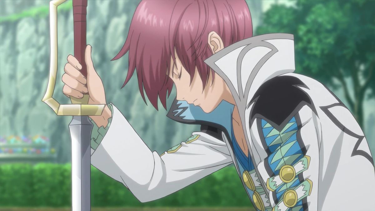 A screenshot from Tales of Graces f Remastered showing a 2D anime cutscene.