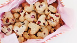 Close up of cranberry heart shaped dog biscuits in a pink basket