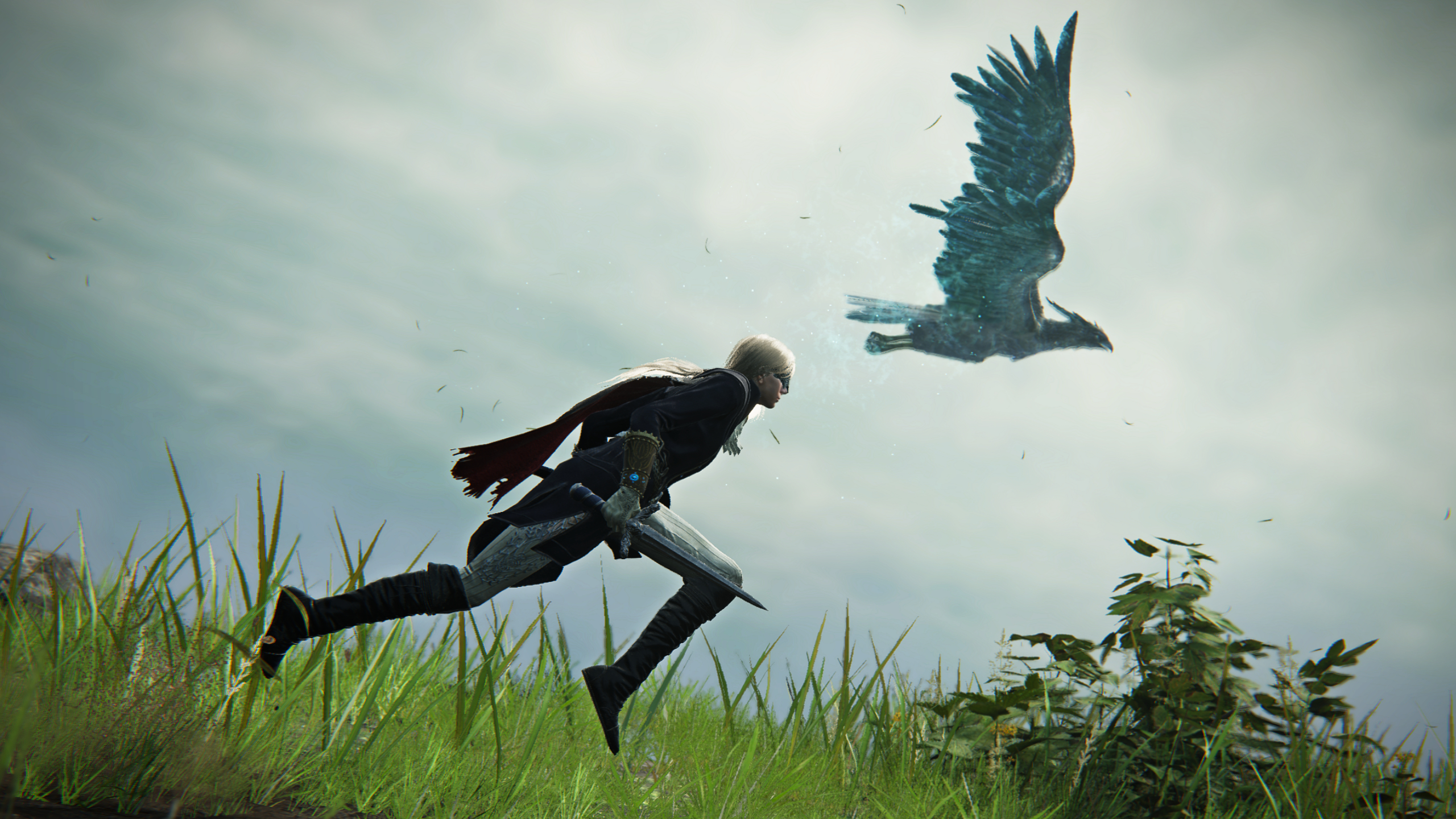 Best Elden Ring Nightreign team compositions: Duchess running along the cliff with a spectral hawk matching pace in the background.