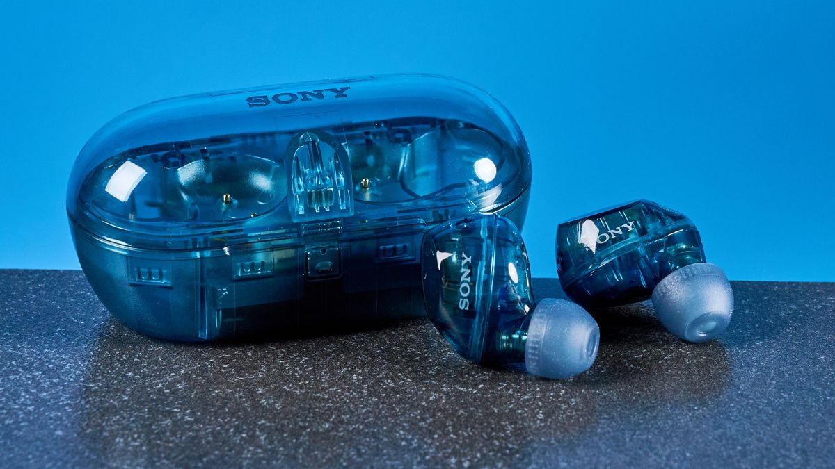 A pair of Glass Blue Sony WF-C710N wireless earbuds.