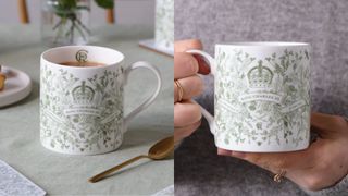 A King Charles coronation green illustrated mug.