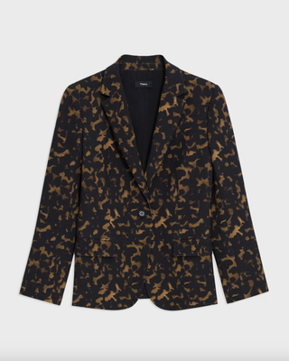 a tortoiseshell blazer from theory in front of a plain backdrop