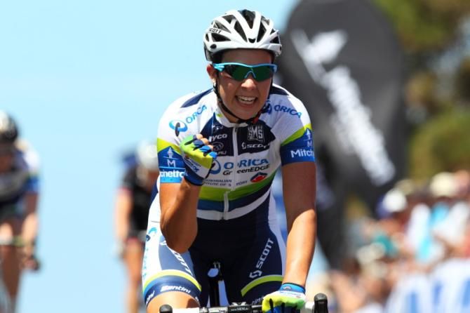 Happy..... the new race leader, Melissa Hoskins (Orica - AIS)