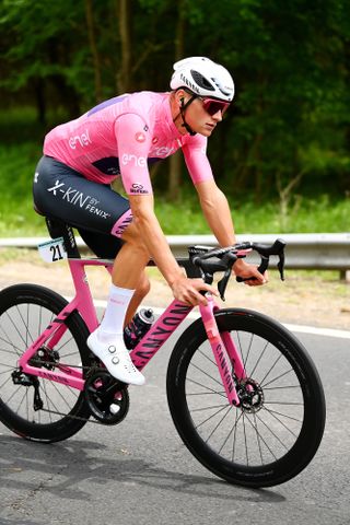 Mathieu Van der Poel riding his pink Canyon Aeroad CFR