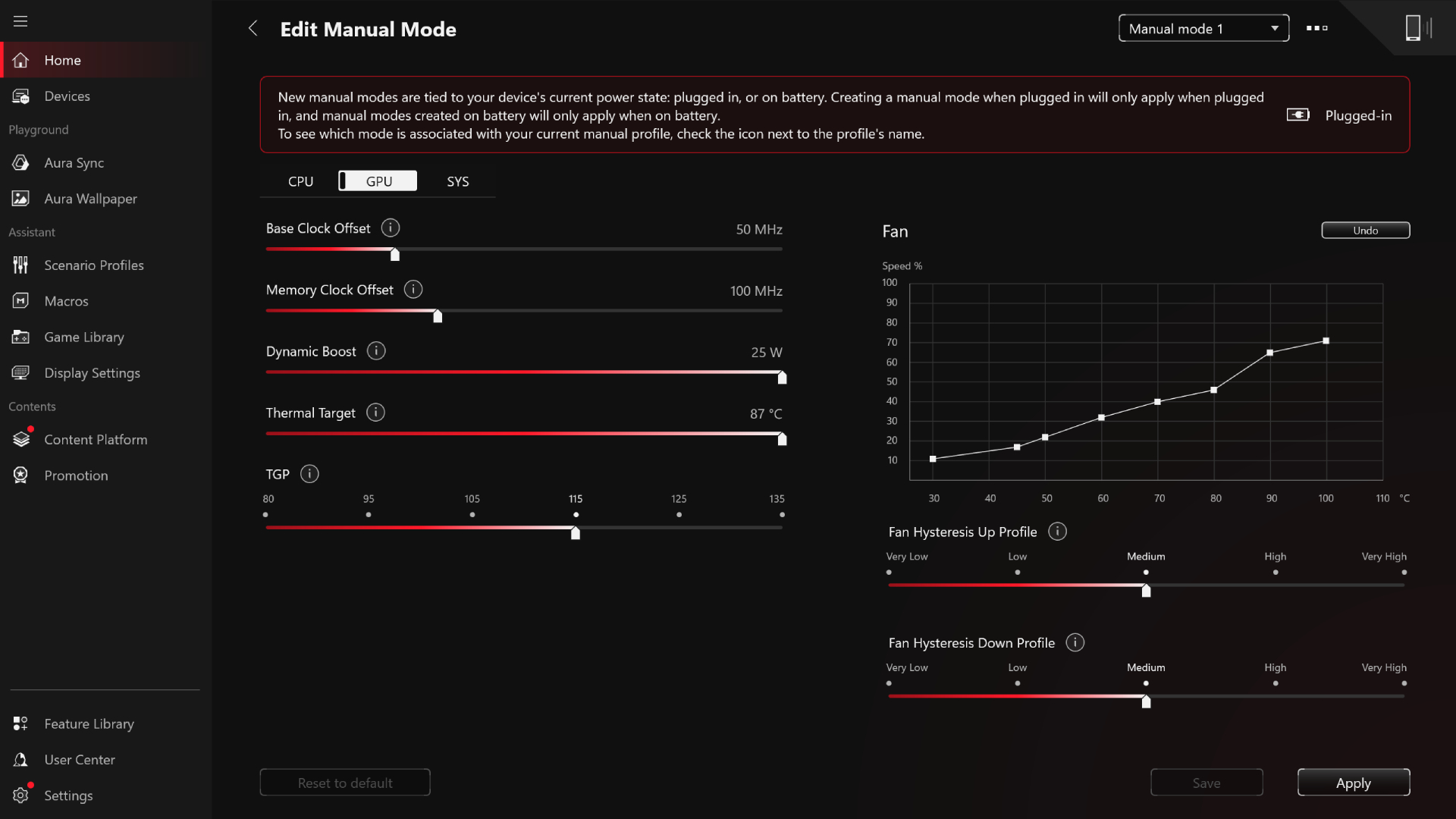 A screenshot from the Asus Armoury Crate software showing the manual settings for the Asus ROG Zephyrus G16 2026
