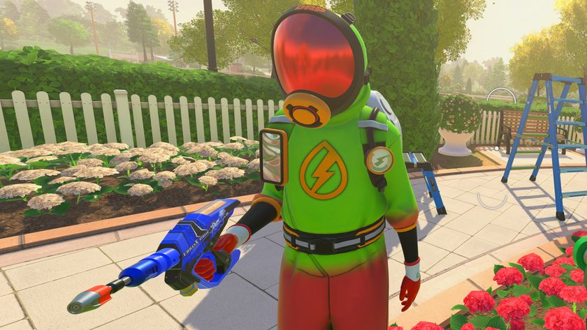 A player wearing a green plastic suit and facemask with a blue wash gun in PowerWash Simulator 2
