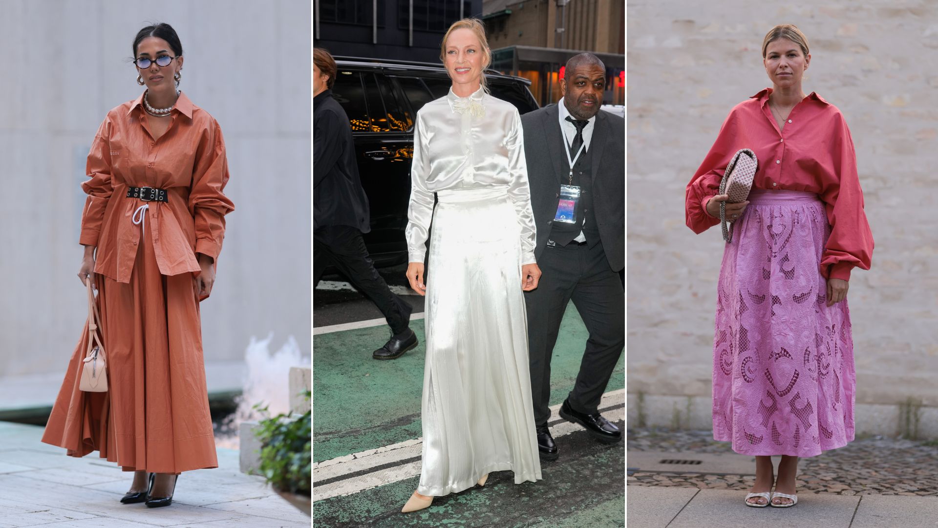 Three women wearing different styles of long skirts and blouses