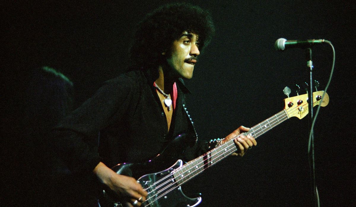 Phil Lynott of Thin Lizzy performs on stage at the Hammersmith Odeon on December 11, 1977 in London