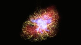 The Crab Nebula was once mistaken for a comet by French astronomer Charles Messier. This new multiwavelength image of the Crab Nebula combines X-ray light from the Chandra X-ray Observatory (in blue) with visible light from the Hubble Space Telescope (in yellow) and infrared light seen by the Spitzer Space Telescope (in red).
