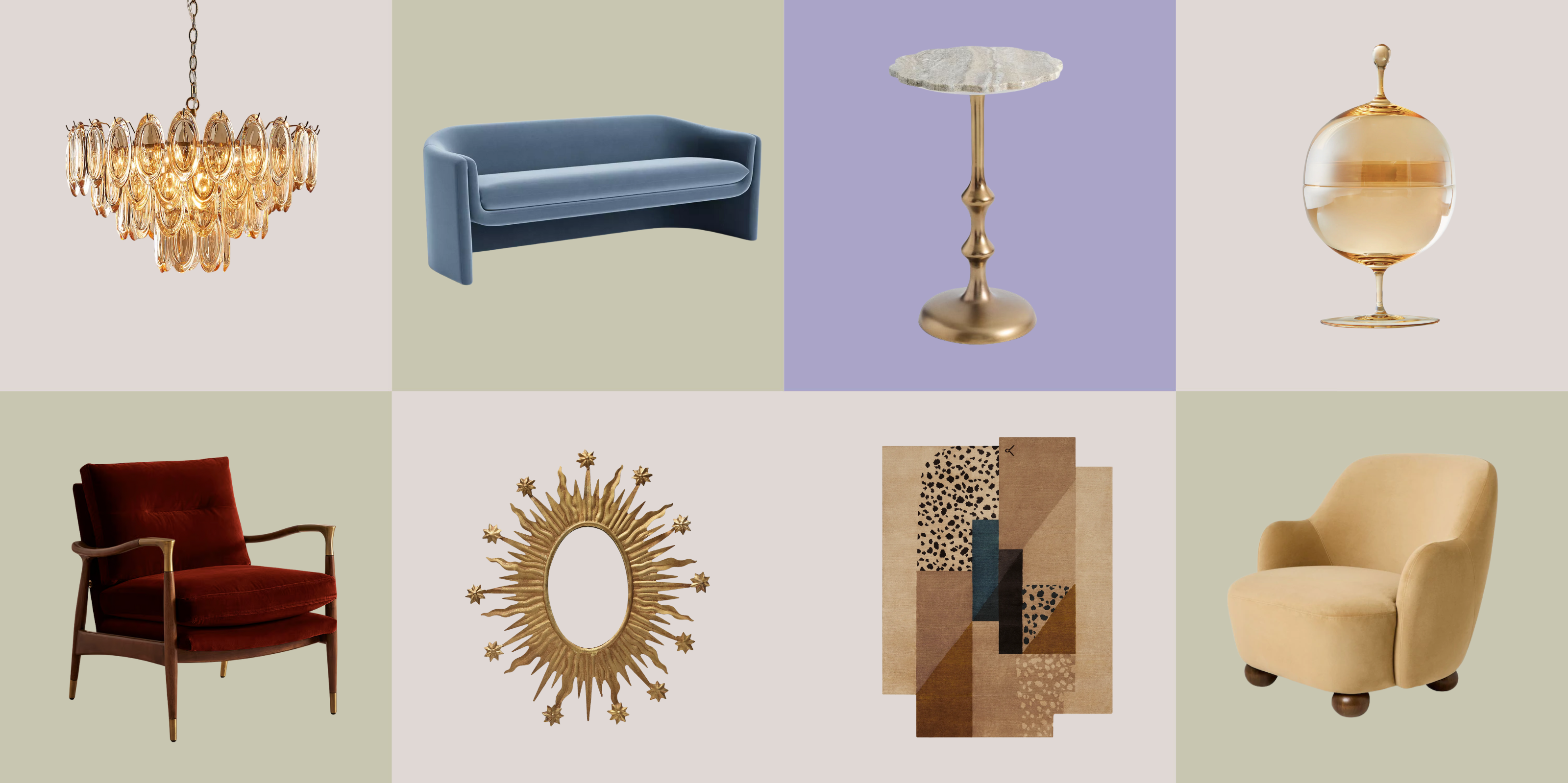 Hollywood regency glamour furniture, blue sofa, velvet armchair, chandelier, gold accent details, art deco rug 