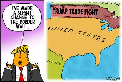 Political cartoon U.S. Trump Mexico Canada border wall NAFTA trade deal