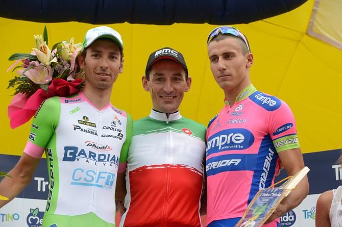 The 2013 Italian elite men's TT championship podium: Pirazzi, Pinotti, Malori