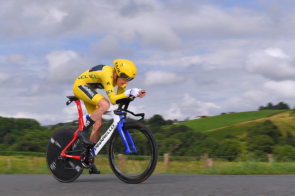 Geraint Thomas (Team Sky) wears yellow during the stage 20 time trial at the Tour de France