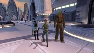 Still from the video game Star Wars: Knights of the Old Republic. A woman wielding two blasters is flanked by a blue Twi'lek (a humanoid alien with two long head tails) on the left and a tall Wookiee (large, strong humanoid alien covered completely in fur) to the right. They are standing in a futuristic city, surrounded by tall skyscrapers.