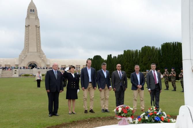 Christian Prudhomme, Bernard Th&eacute;venet, Bernard Hinault and Kader Arif, secretary of state for veterans, deposited a wreath at the Douaumont ossuary