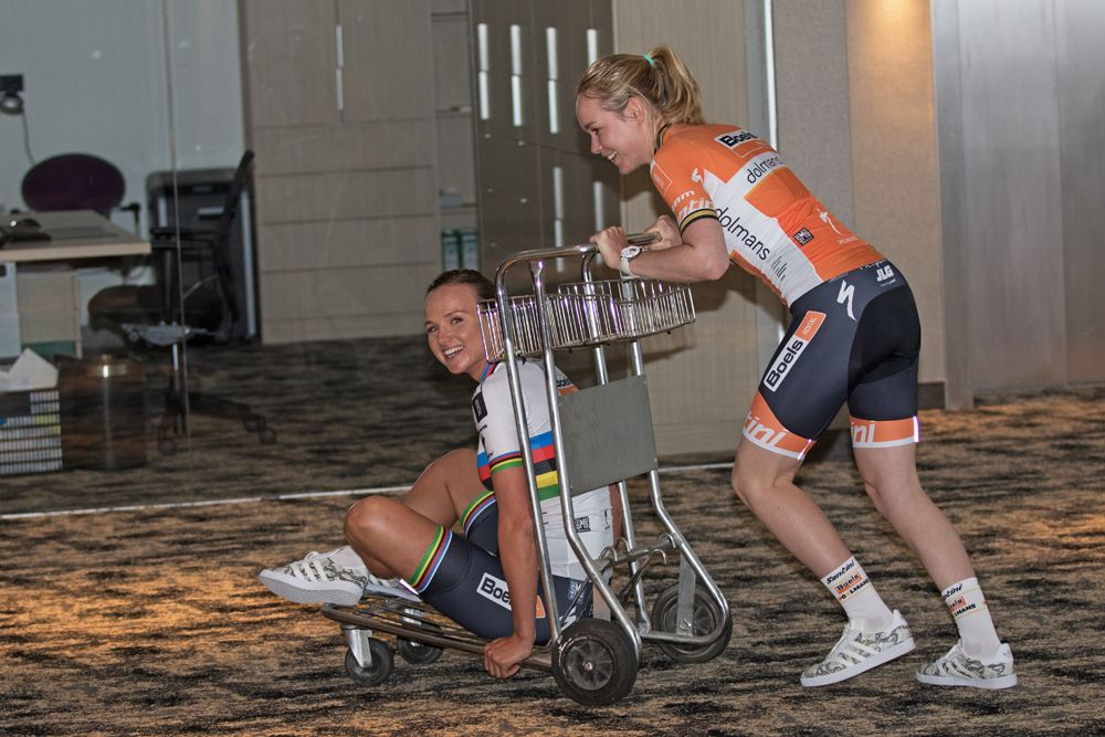 Anna van der Breggen has some fun with her world champion teammate Chantal Blaak