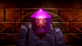 The Legend of Zelda: Echoes of Wisdom screenshot showing princess Zelda, a blonde woman with elf-like ears, trapped in a sheer magenta crystal