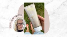 An image of woman&home digital editor Kerrie Hughes on a marble backdrop next to an image of a hand holding Bondi Sands gradual tanning perfector and legs standing on some grass, wearing flip flops