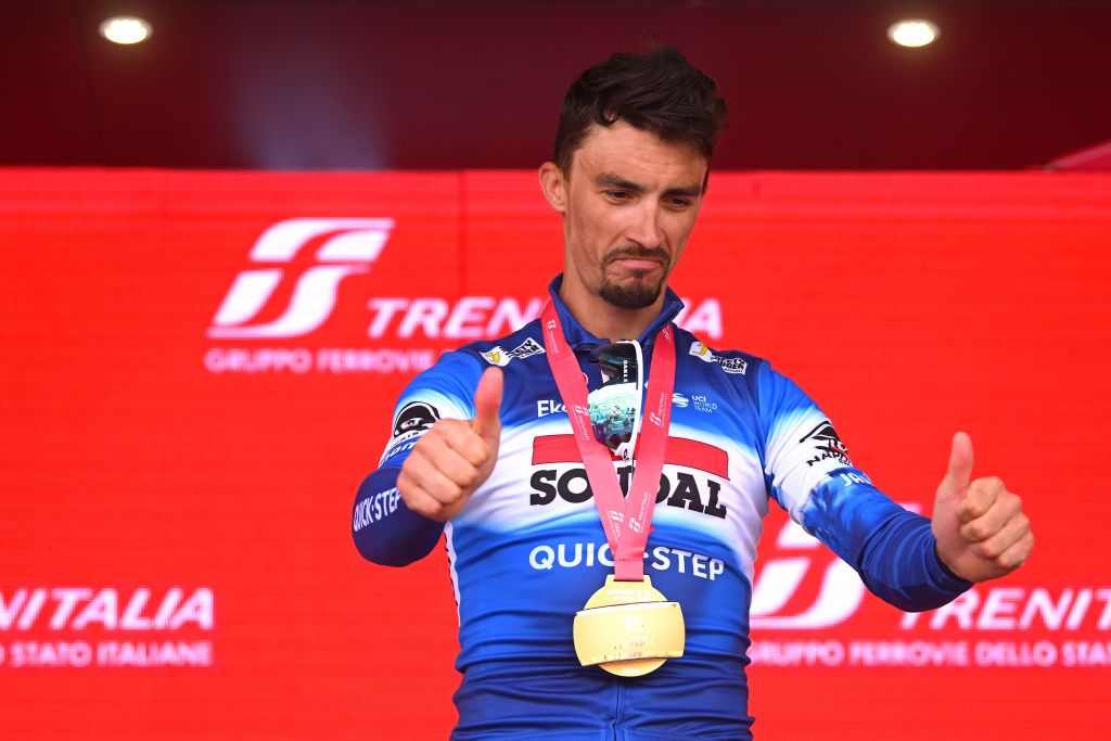 FANO ITALY MAY 16 Julian Alaphilippe of France and Team Soudal QuickStep celebrates at podium as stage winner during the 107th Giro dItalia 2024 Stage 12 a 193km stage from Martinsicuro to Fano UCIWT on May 16 2024 in Fano Italy Photo by Dario BelingheriGetty Images