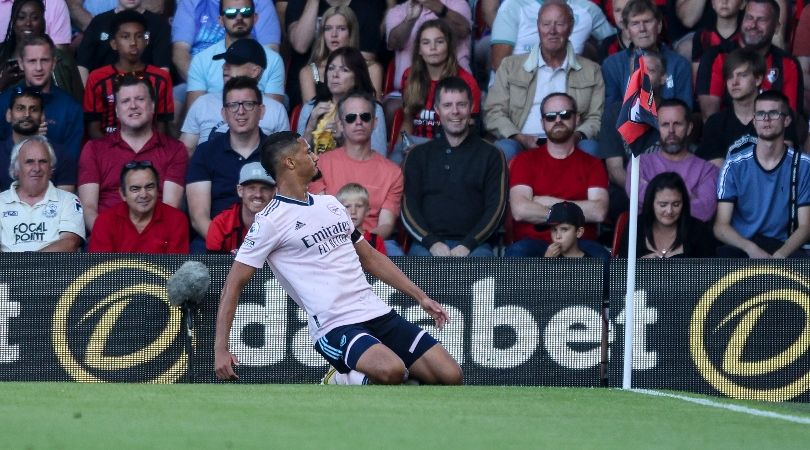 William Saliba celebrates his wonder goal for Arsenal against Bournemouth.