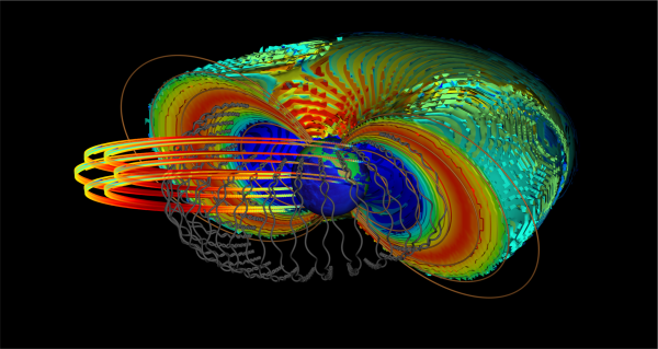 An illustration of Earth&#039;s Van Allen belts, with the trajectories of ultra-relativistic electrons in gray. The colorful loops in the foreground are the orbits of satellites that must pass through this electromagnetically dangerous area of space.