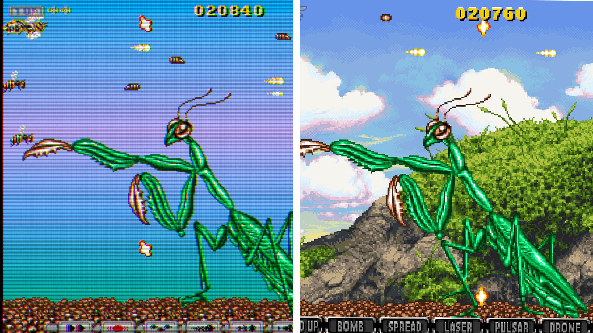 Screens of a retro shooter with insects