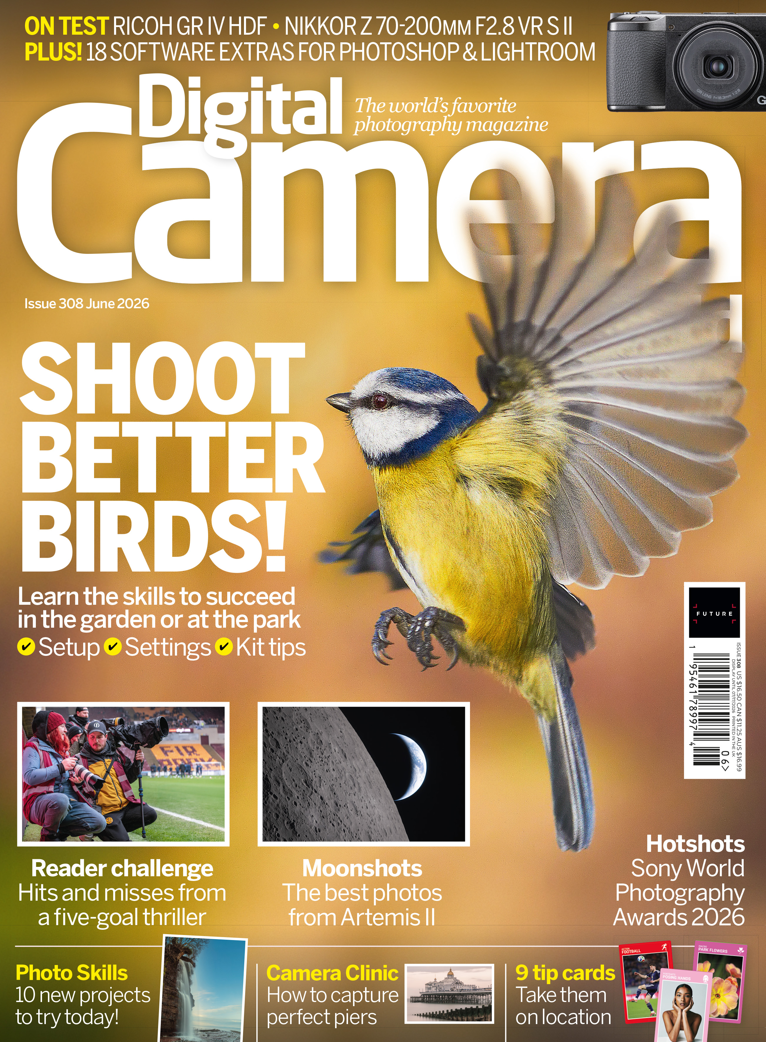 Photo of the front cover of issue 308 (June 2026) of Digital Camera World magazine, with a main headline of 'Shoot Better Birds!'