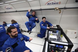 European scientists with their experiments during a parabolic flight simulating lunar gravity.