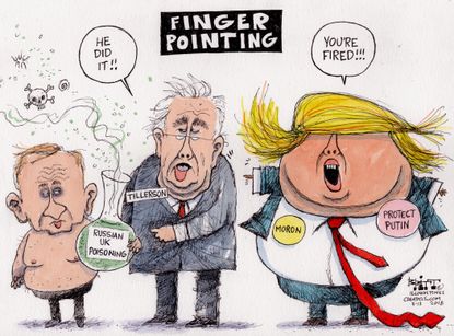 Political cartoon U.S. Rex Tillerson firing moron comment Trump Russia collusion Russia poisoning sky attack