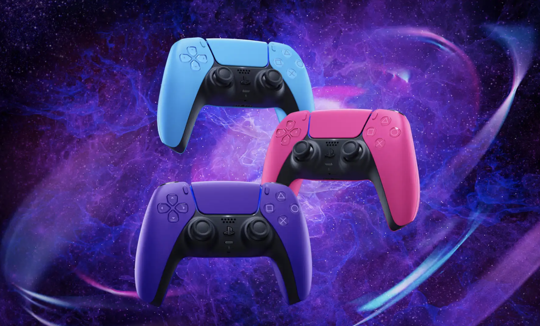 PS5 DualSense controllers in blue, pink and purple.