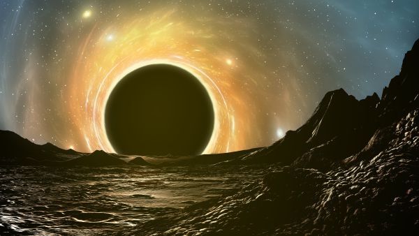 A black hole as seen from the surface of a planet.