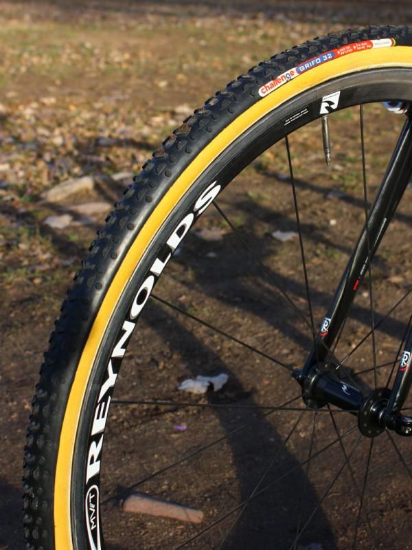 Dombroski is officially sponsored by Clement tires but the Reynolds carbon tubulars are wrapped with Challenge rubber for now.