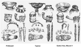 A black-and-white drawing of artifacts found in early English graves